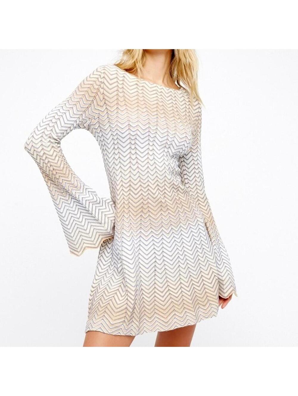 Free People Knit Mini Dress Cream & Blue Zigzag Pattern